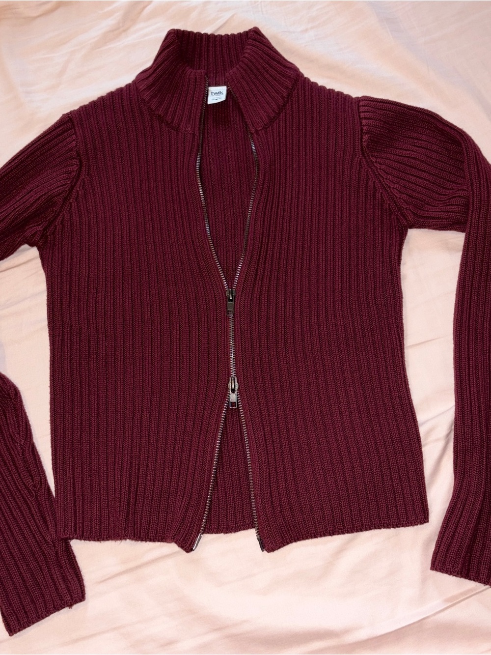 twik Ribbed Double-Zip Cardigan - Burgundy